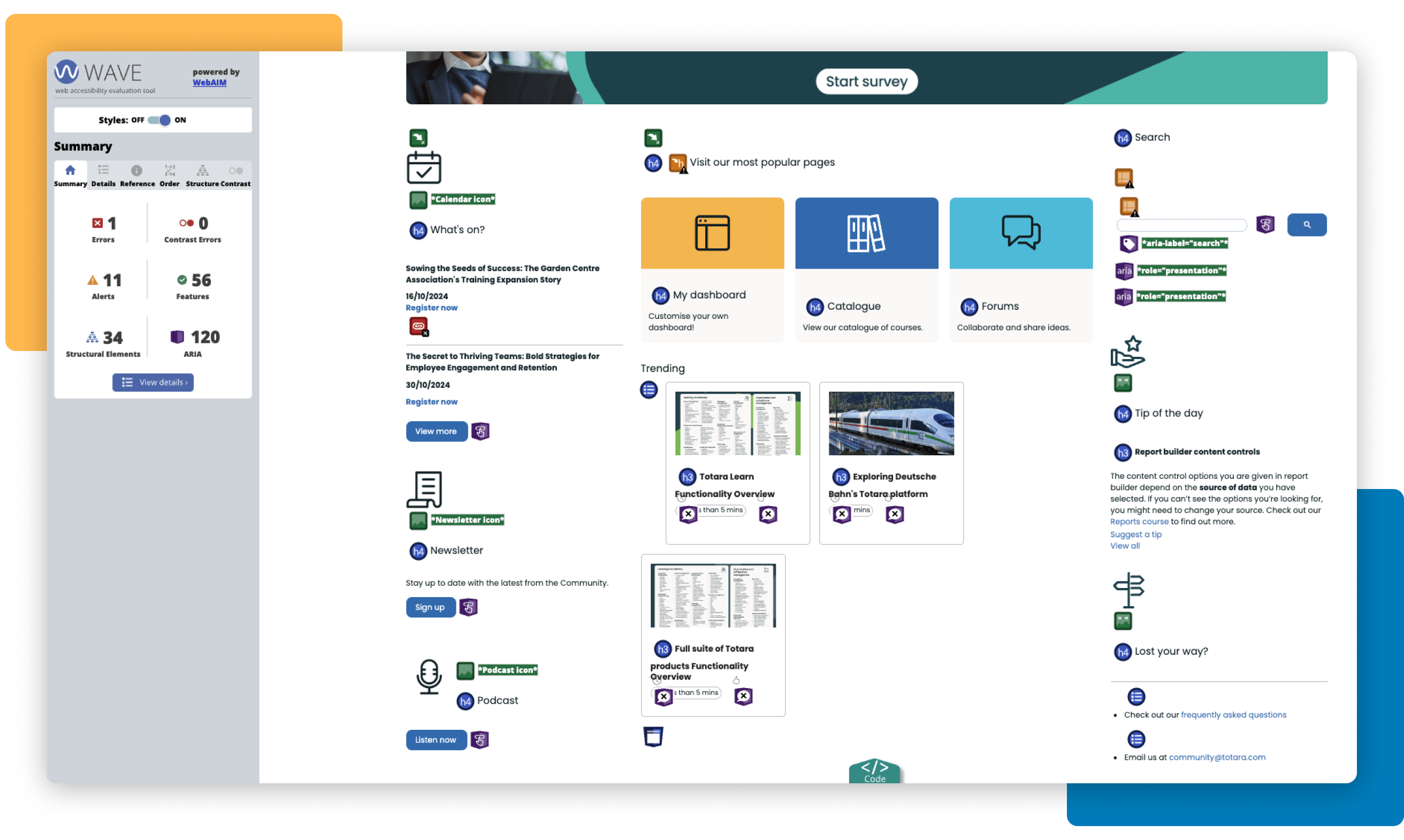 Totara Community homepage seen with WAVE browser extension