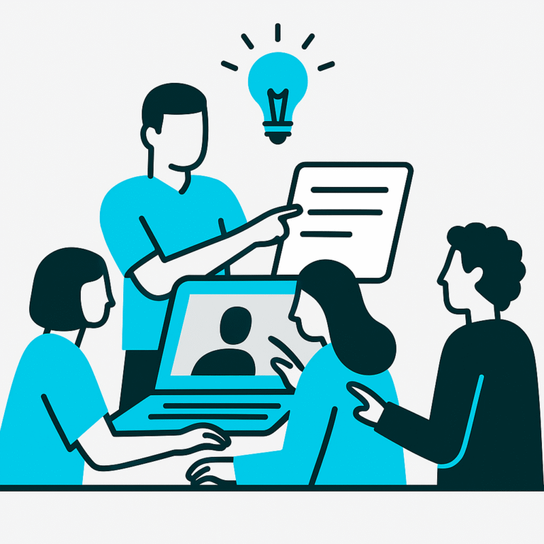 A group of employees working together and collaborating