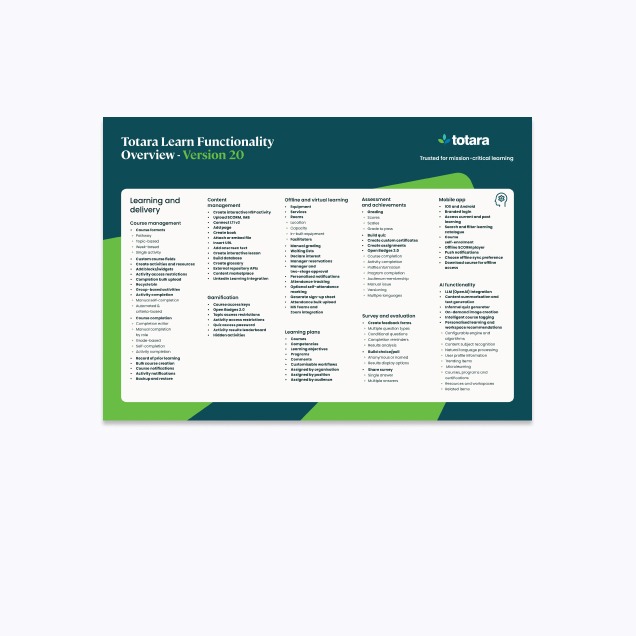 Totara V20 Learn Functionality Overview Sheet