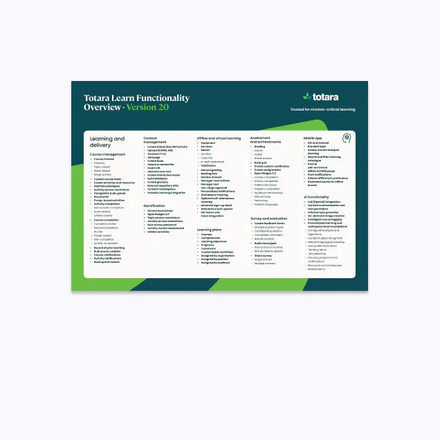 Totara V20 Learn Functionality Overview Sheet