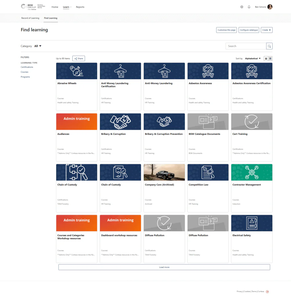 A Find Learning page on BSW's Totara LMS site showing different courses and learning resources.