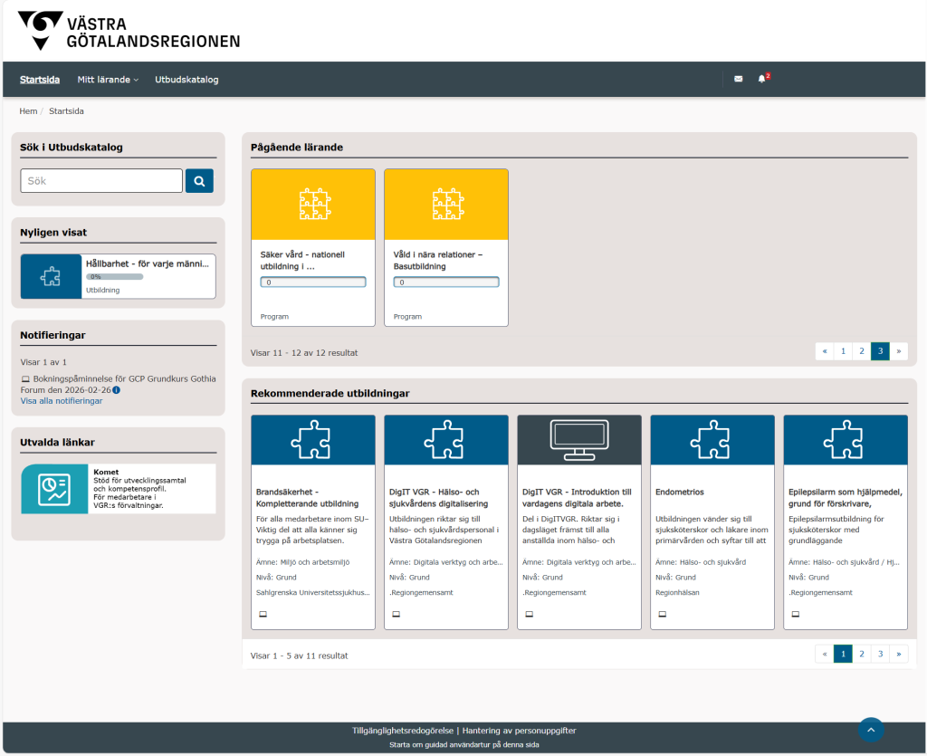 VGR start page in Totara LMS